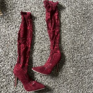 Elegant Burgundy Lace Knee-High Boots RUNS SMALL